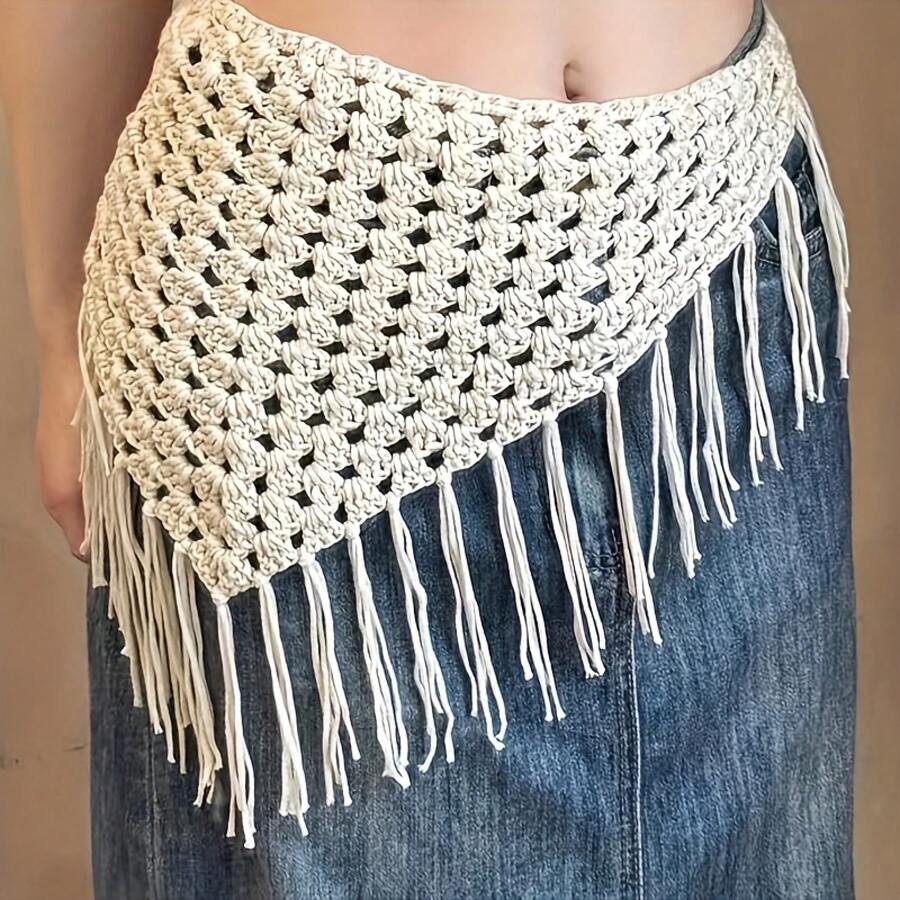 2025 New Triangle Tie Hot Girl Fashion Versatile Scarf Waist Scarf Hip Scarf Headscarf Handmade - 米白色流蘇 - 查看 1