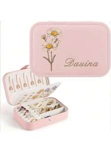 1pc Customized Name Jewelry Box, Personalized Floral PU Leather Jewelry Box, Portable Ring Necklace Zipper Storage Case Organizer - Multicolor - View 7