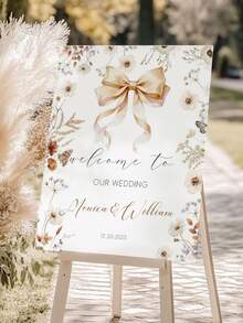 Cartel de bienvenida de boda personalizable con estilo bohemio y floral, con lazo dorado - Nombre y fecha personalizados, decoración de boda elegante en dorado, decoración de recepción, diseño moderno, plástico duradero, estilo bohemio - Multicolor - Ver 8