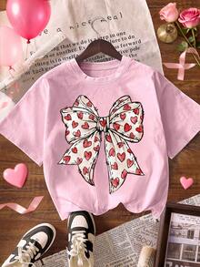 Pink Heart & Bow Cute T-Shirt, Women Casual Round Neck Short Sleeve Tee, Spring - Baby Pink - View 2