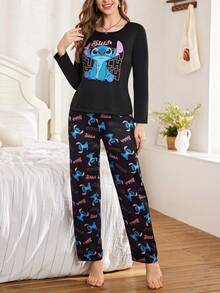 缝线图案印花长袖卡通字母睡衣套装，黑色