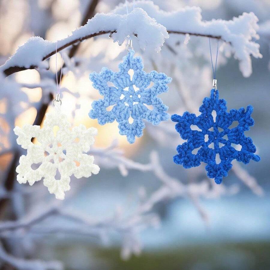 DGiegxin 12 Pcs Blue Christmas Crochet Snowflake Ornament Cotton Christmas Tree Ornament Decorative Boho Handmade Car Mirror Hanging Accories - 藍色 - 查看 1