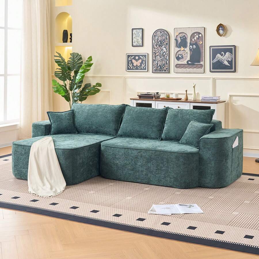 L-Shaped Corner Sofa "Cloud Couch", 262 Cm With Chaise Longue, Extra-Deep Seat, Delivered Assembled, Modular Sofa In Green Chenille For Living Room - Màu xanh lá cây đậm - Xem 1
