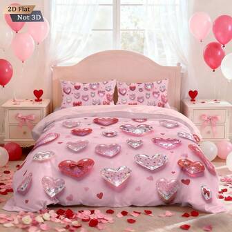 3-delars set (1 påslakan + 2 örngott, utan fyllning) Rosa tryckt parhjärtmönster, sött och romantiskt rosa hjärtmönster, skapa ett varmt sovrum för par, exklusivt lyxigt rosbäddset, lämplig som alla hjärtans dag-present till par (1 påslakan + 2 örngott, utan fyllning), personligt sängkläder, mjukt, varmt och hudvänligt påslakan, finns i flera storlekar, extra stort, viktigt för par varje dag och alla hjärtans dag.