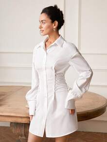 Women's Solid Color Turndown Collar Button Front Dress - White - View 6