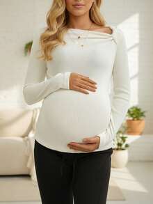 新款孕妇T恤，纯色，磨毛罗纹，不对称领口，褶裥设计，休闲长袖上衣，舒适修身，适合秋冬季节穿着（JH25062）