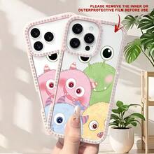 Funda de teléfono con diseño de monstruo lindo y colorido, con diamantes incrustados por ambos lados, compatible con las series 17/16/15/14/13/12/11. Esta funda creativa y simple, transparente y a prueba de golpes, está diseñada con diamantes y fabricada con materiales de alta calidad. - Rosa - Ver 8