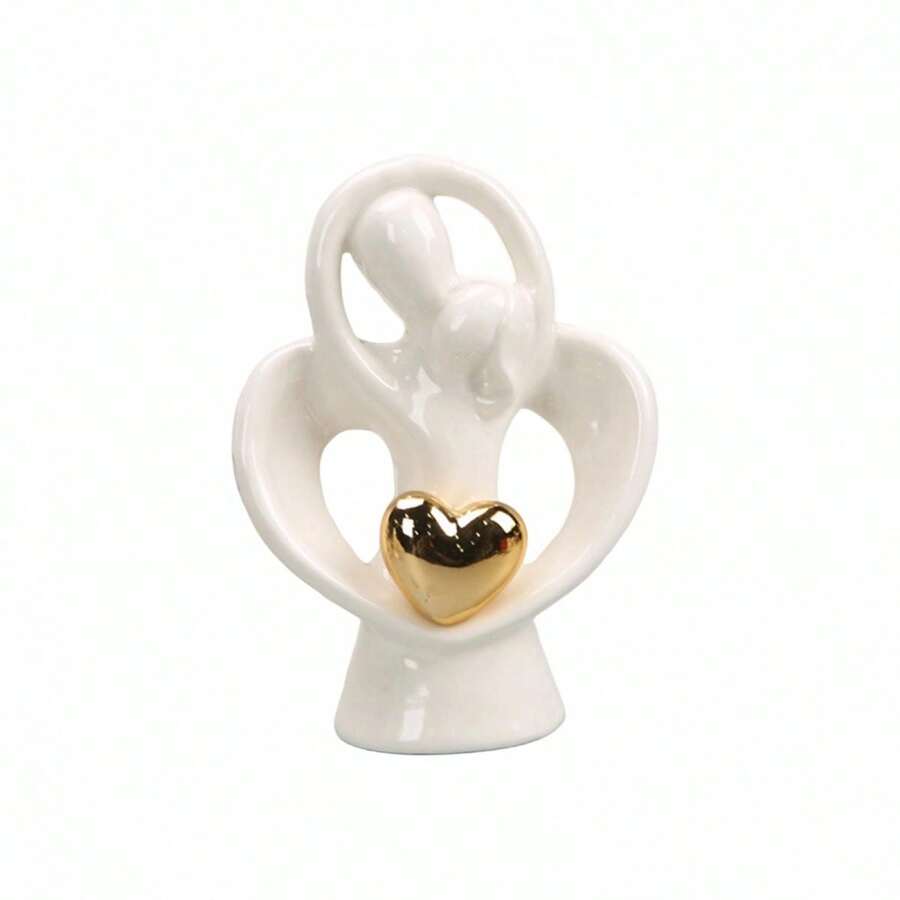 White Ceramic Couple Sculpture Abstract Embracing Figurines Golden Heart Modern Decorative Home Decor - Gold - View 1