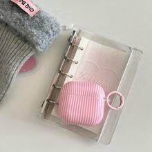 Minimalist Pink Striped Earphone Case With Hanging Loop, Compatible With Apple Pro 3/Pro 2/Pro/ 4/3/2, Fashionable Women Earphone Case, Minimalist Earphone Case, Apple Earphone Case, Apple Earphone Cover - Pink - View 5