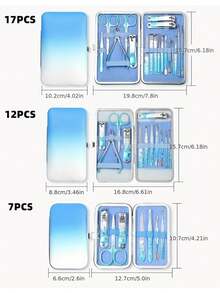 7pcs/12pcs/17pcs Ombre Ice Flower Blue Nail Clippers Set, Stainless Steel Nail Scissors, Personal Care Tools, Portable Manicure Beauty Tool Kit, Suitable For Home, Travel, Gifts - Multicolor - View 2