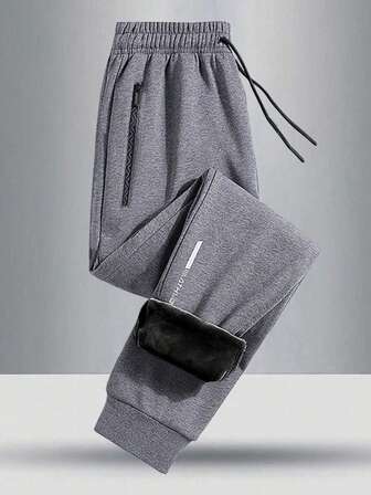 Teen Boys' Outdoor Casual Sports Pants With Thermal Lined, Thick, Reflective Graphic Print Decoration, Side Zipper Pockets, Simple Solid Color Cuffed Hem, Winter