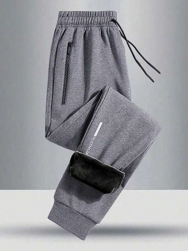 Teen Boys' Outdoor Casual Sports Pants With Thermal Lined, Thick, Reflective Graphic Print Decoration, Side Zipper Pockets, Simple Solid Color Cuffed Hem, Winter