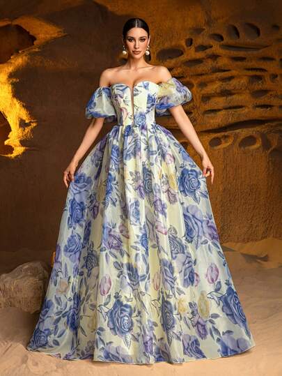 Faeriesty Elegant Off-Shoulder Short Sleeve A-Line Party Dress For Women, Perfect For Various Formal Occasions: Grand Events, Formal Dinners, Charity Balls, Weddings, And Awards Ceremonies.