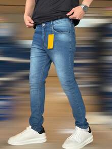 Men's Slim Fit Denim Jeans With Elastane And Lycra - 水洗藍 - 查看 1