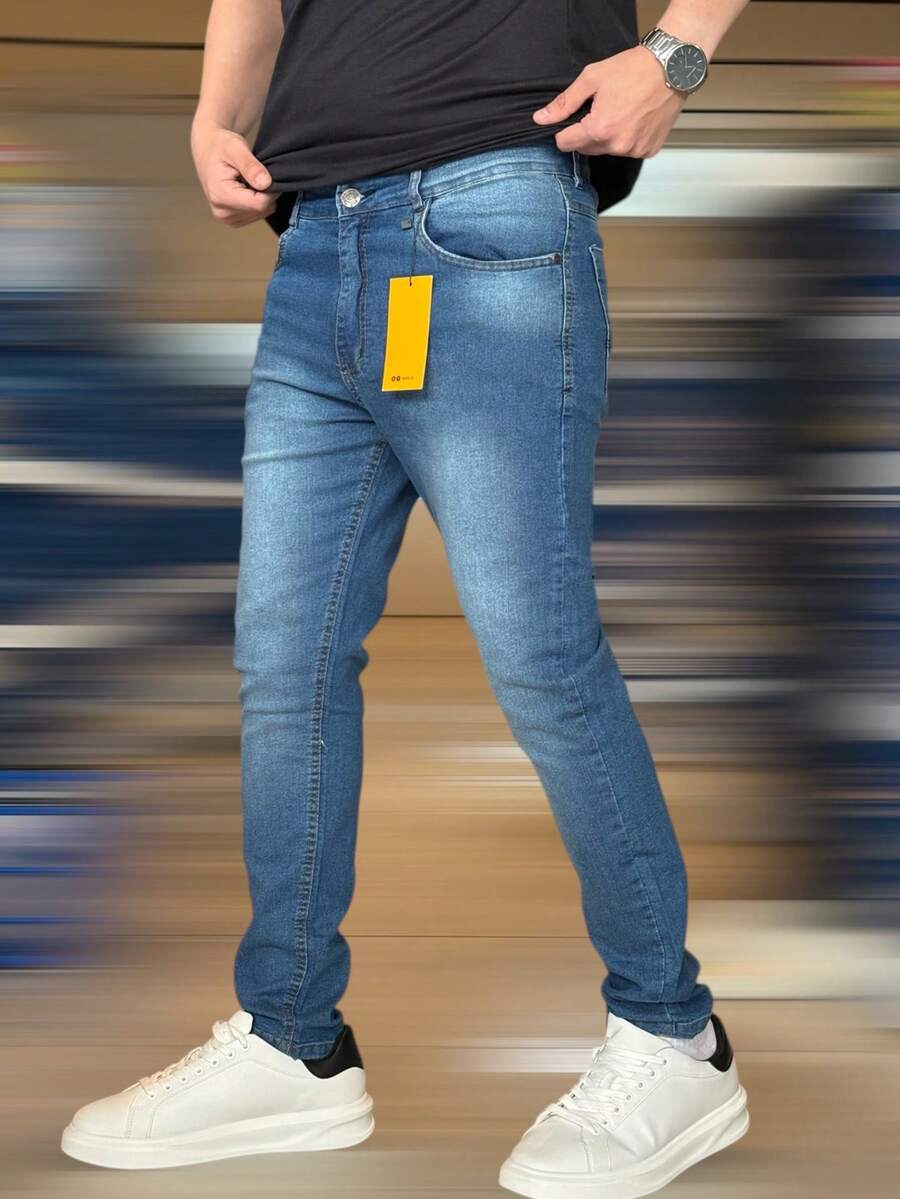 Men's Slim Fit Denim Jeans With Elastane And Lycra - 水洗藍 - 查看 1