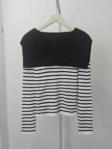 女士法式条纹长袖针织开衫，修身秋季毛衣上衣 白色 - 白色 - 查看 9