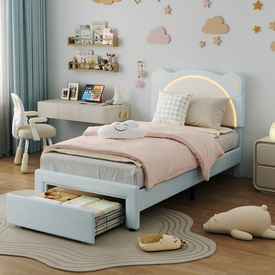 Twin Blue Cama tapizada con luces LED, cabecera ajustable y cajón de almacenamiento, base de madera, sin box spring - Azul y blanco - Ver 1