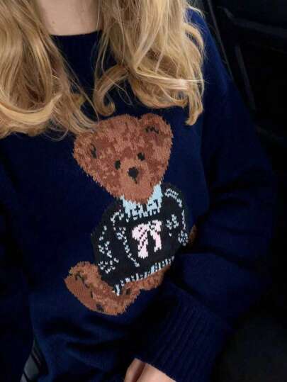 2026秋冬新款时尚休闲复古可爱小熊图案针织套头毛衣，适合情人节、约会之夜、派对、Y2K风格、简约、外出、时尚、休闲、新年等场合。