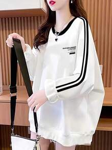 休闲条纹长袖套头卫衣，舒适宽松的款式，适合女性和学生，白色，春季款 - 白色 - 查看 2