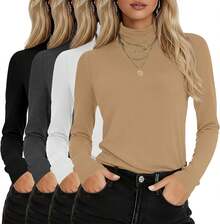 4 Pack Women's Turtleneck Long Sleeve Cotton Tops Casual Loose Fit Basic Tunic Undershirt Tee OESD - 黑色,白色,灰色,深灰色 - 查看 3