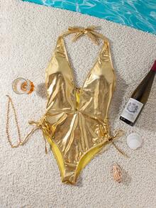 纯色优雅金属金色深V连体泳衣，可调节抽绳腰带设计，修身剪裁，适合欧美海滩女孩、海滩度假、音乐节、泳池派对等场合。 - 金色 - 查看 2