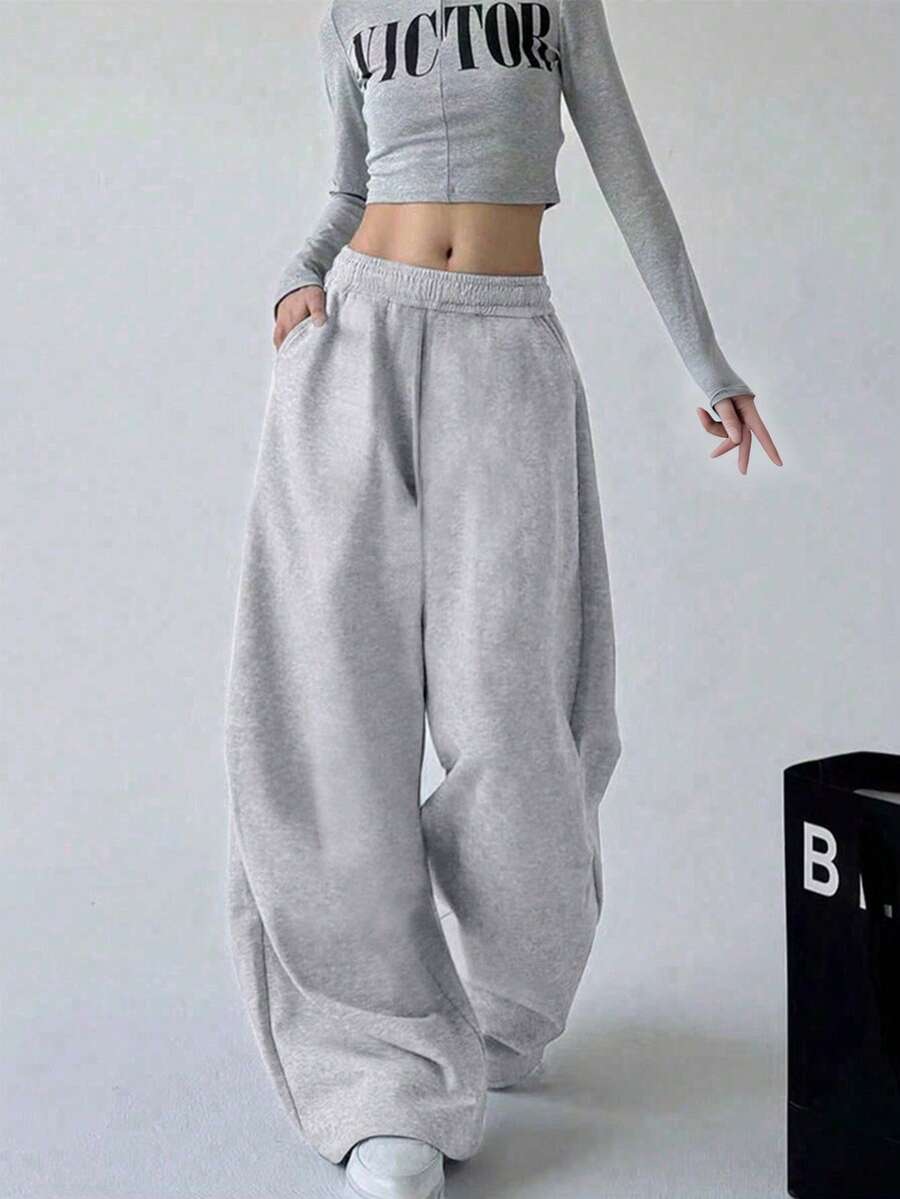 1件装少女休闲直筒加绒裤，适合户外运动和锻炼，时尚简约设计 - 灰色 - 查看 1