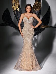 奢华串珠晚礼服，闪耀珍珠亮片正式礼服，女士无袖露背美人鱼婚纱春季派对礼服 - 香檳色 - 查看 2