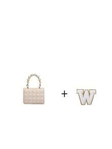 1个A-Z字母DIY包，时尚PU磁扣，精致迷你凹槽网格，百搭珍珠手提包，链条单肩斜挎包，适合日常使用，是送给亲朋好友的完美礼物（珍珠表面可能存在划痕和凹凸，无法避免）（字母贴纸需自行粘贴，随包附赠） - 米色+白字母 - 查看 21