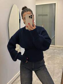女士高领毛衣，优雅奢华纹理长袖修身套头罗纹针织上衣，复古风格 - 藏蓝色 - 查看 4