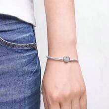 S925 Sterling Silver Cubic Zirconia Paved Heart & Snake Bone Bracelet, Suitable For DIY, Fashionable Jewelry Gift For Women