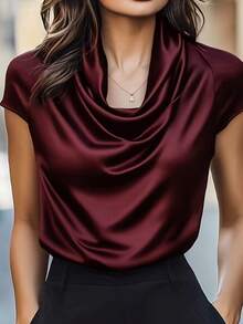 Women's Elegant Short Sleeve Satin Blouse In Wine Red, Wrinkle-Resistant For All Seasons, Suitable For Occasions Like Office, Wedding Guest, And Formal Events, Machine Washable (Solid Color) - Burgundy - View 2