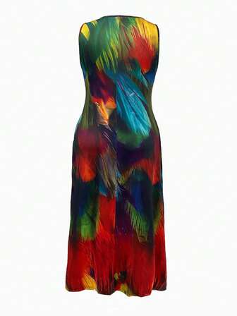 大码女式时尚休闲涂鸦印花连衣裙