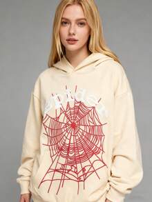 Men's Y2K Hoodie Hip Hop Spider Web Lettering Printed Sweatshirt - Aprikos - Visa 2