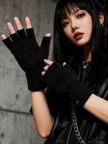 1 par varma fingerlösa stickade handskar, lämpliga för utflykter, dejter, gatukläder på hösten/vintern - Svart - Visa 3