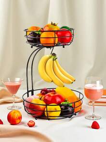 2-Tier Iron Wire Fruit & Vegetable Basket Holder With Banana Hook, Decorative Storage Rack For Countertop, Living Room, Patio, 64oz, Black, Suitable For Kitchen, Living Room, Patio, Storage, Entertaining Guests, Storage, Kitchen Accessories