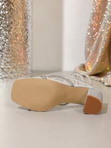 春夏新款性感时尚女士银色高跟凉鞋，镶钻粗跟蛇纹超高跟派对/活动/T台鞋 - 銀色 - 查看 6