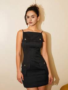 一件纯色浪漫派对方领吊带仿纽扣装饰连衣裙 - 黑色 - 查看 9