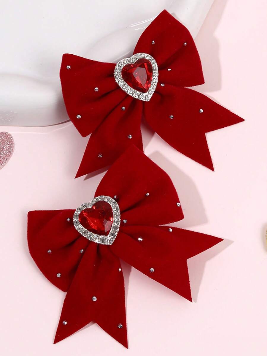 2pcs Hair Bows For Girls Heart Shaped Rhinestones Bow Alligator Clips Tiny Swallowtail Haie Clips Elegant Valentine's Day Barrettes Delicate Hairpins Teens Hair Accessories