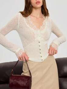 Women's Solid Color Lace Trim Sheer V-Neck Buttoned Knit Top Slim Fit Long Sleeve Shirt,Spring/Fall Clothes For Women,Perfect For Daily Office Wear,Going Out Outfits - 白色 - 查看 6