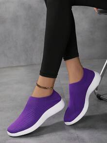 Women's Purple Breathable Knit Casual Flat Slip-On Shoes, Lightweight & Comfortable For Everyday Wear - Purple - View 11
