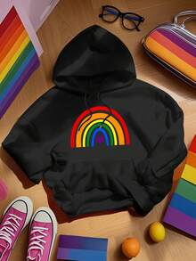 Sudadera con capucha del Mes del Orgullo GBT para mujeres - Patrón de corazón arcoíris y estampado de letras, sudadera blanca casual con bolsillo, cómoda para otoño e invierno, ropa aliada GBTQ+ lavable a máquina - Negro - Ver 6