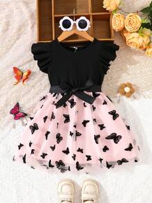 女童休闲时尚针织短袖蝴蝶植绒网纱连衣裙，节日派对礼物 - 粉色 - 查看 6