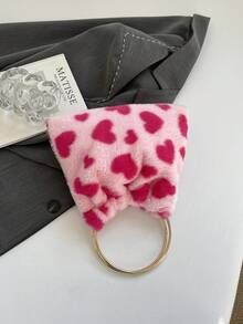 优雅心形晚宴手拿包，女士正式派对手提包，温柔甜美女孩单肩包，纯色毛绒水桶包，情人节新娘包 - 粉色 - 查看 6