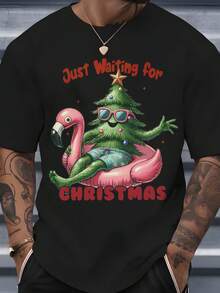 Men's Crew Neck T-Shirt With Christmas Tree Print Featuring Sunglasses And An Inflatable Flamingo, With The Text "Just Waiting For Christmas." Ideal For Everyday Wear, Parties, Christmas Festivities, Summer, Holidays, And Casual Fun Style. - 黑色 - 查看 6