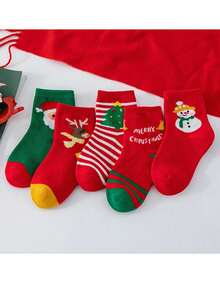 5 Pairs Kids Winter Socks, Santa Claus, Snowman, Reindeer, Striped Crew Socks, Suitable For Christmas, Parties - Multicolor - View 7