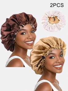 1入組女士雙層緞面睡眠帽，適用於美容，護髮，化療，配有可調節扣環，適用於日常使用的絲綢帽，緞帽 - 黑色 - 查看 10