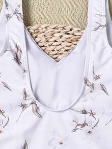 Women's Sexy Backless V-Neck One-Piece Swimsuit With Floral Print Belted Detail Medium Stretch Knitted Fabric Beachwear Elegant Casual Bikini - White - View 6