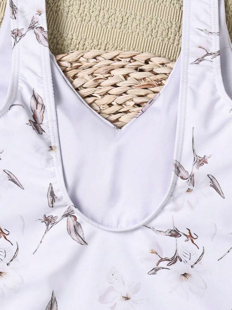 女士性感露背V领连体泳衣，花卉印花，腰带设计，中等弹力针织面料，沙滩装，优雅休闲比基尼 - 白色 - 查看 6