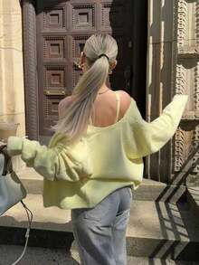 FOR BEAUTY Women's Cream Yellow Button Knit Cardigan, Soft & Sweet, Loose & Casual, Elegant & Versatile Slouchy Sweater Jacket, Spring/Summer - Bright Yellow - View 5