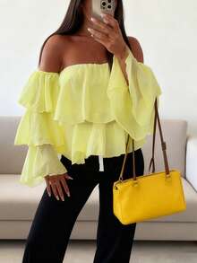 Women's Casual Elegant Yellow Ruffle Flare Sleeve Pleated Sheer Chiffon Romantic Date Party Fashionable Comfortable Versatile Loose Long Sleeve Blouse, Spring/Summer - Yellow - View 5